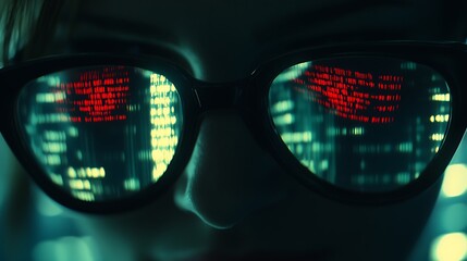 A person wearing glasses reflecting binary code in the dark