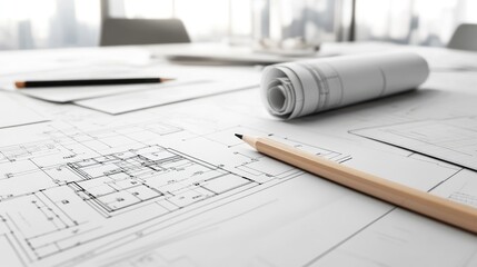 Poster - An architect's table filled with floor plans, D renderings, and a high-quality drafting pencil.