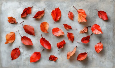 Wall Mural - Artistic arrangement of vibrant red and orange autumn leaves scattered on a textured gray background illuminated by soft natural light