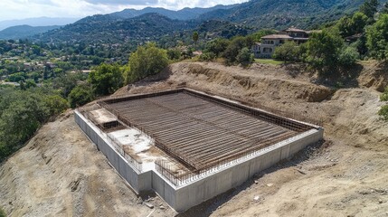 Poster - An earthquake-resistant building framework under construction, featuring reinforced steel and concrete walls.
