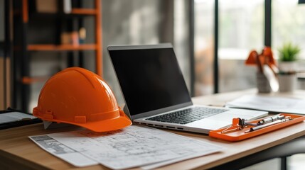 Poster - An engineer's workspace featuring a laptop, site maps, and a hard hat placed neatly on a desk.