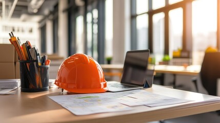 Poster - An engineer's workspace featuring a laptop, site maps, and a hard hat placed neatly on a desk.