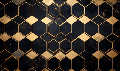 Poster - Abstract Black and Gold Hexagon Geometric Pattern Textured Background