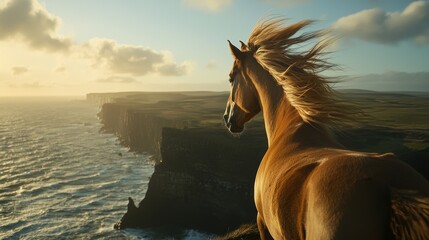 Wall Mural - Majestic palomino horse overlooking dramatic coastal cliffs at sunset.