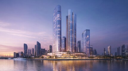 Poster - A city skyline at sunset, highlighting newly developed buildings with cutting-edge architectural designs.