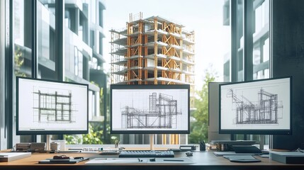 Poster - A civil engineering office with multiple monitors displaying D structural models and blueprints.
