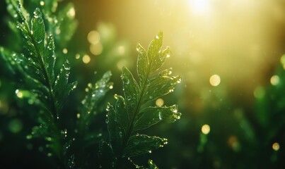Wall Mural - Macro shot of vibrant green fern leaves with dewdrops reflecting golden morning light, creating a serene and refreshing natural vibe