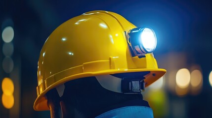 Poster - A close-up of a hard hat with a mounted LED headlamp for night construction work.