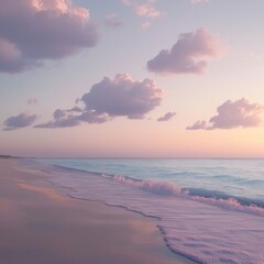 Wall Mural - Serene sunset over calm ocean waves on sandy beach.