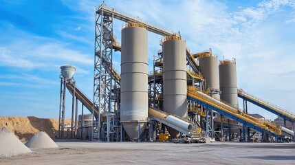 Poster - A concrete batching plant with silos and conveyor belts actively mixing and transporting cement.