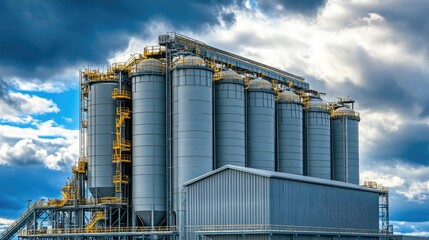 Poster - A concrete batching plant with silos and conveyor belts actively mixing and transporting cement.