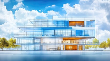 Poster - A cross-section blueprint of a modern building, showing structural elements and materials.
