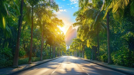 Wall Mural - Sunlit road through tropical palm trees leading to mountains.