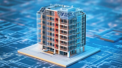 Poster - A futuristic high-rise building in the early design phase, with an intricate digital blueprint.