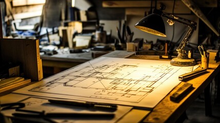 Poster - A large-format architectural blueprint spread across a drafting table, illuminated by a desk lamp.