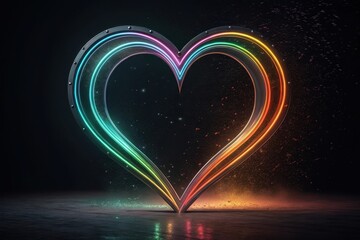 Poster - Vibrant heart sculpture illuminated with rainbow colors in a dark, atmospheric setting creating a mesmerizing visual display. Generative AI