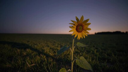 Poster - A sunflower in a field at sunset under a clear sky. Nature and tranquility concept