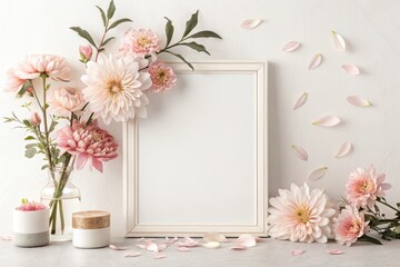 Poster - Elegant floral arrangement with empty frame adorned by delicate blossoms and soft petals in a serene setting. Generative AI