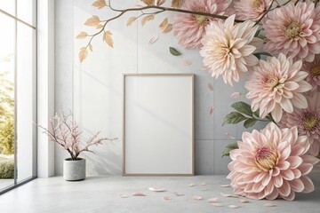 Poster - Elegant floral design enhances serene interior in a bright, airy space with soft colors and natural light. Generative AI