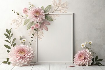 Poster - Elegant floral arrangement with a blank frame surrounded by soft pastel hues and delicate leaves in a serene setting. Generative AI