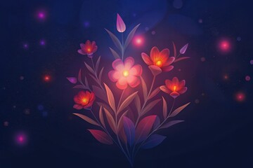Poster - Enchanting floral composition illuminated by soft glows against a dark backdrop in a whimsical atmosphere. Generative AI
