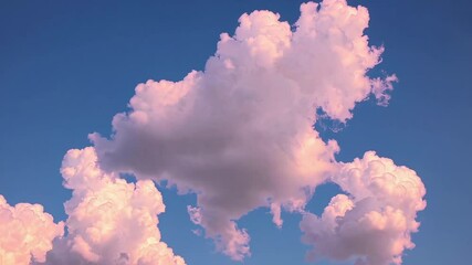 Poster - Fluffy pink clouds against a blue sky during sunset, serene atmosphere. Nature beauty.