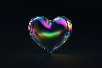 Poster - Colorful heart-shaped bubble captures light in a mesmerizing display of swirling hues on a dark background. Generative AI
