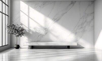 Poster - Minimalist interior with marble wall sunlight and a potted plant modern design