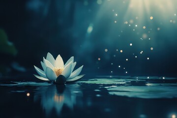 Poster - Serenity blooms in the quiet waters, as a radiant lily emerges under a mystical light and shimmering reflections. Generative AI