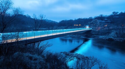 Wall Mural - Illuminated bridge spanning river at twilight.