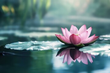 Poster - Serenity of a blooming lotus flower reflected on tranquil waters at dawn in a peaceful garden setting. Generative AI