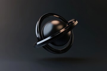 Poster - Floating black sphere surrounded by sleek rings creates an intriguing cosmic illusion in a serene black backdrop. Generative AI