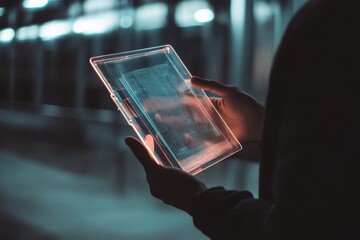 Poster - Innovative technology in hand at a futuristic urban setting during nighttime. Generative AI
