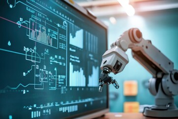 Poster - Innovative robotic arm displaying advanced data analysis in a modern technology lab. Generative AI
