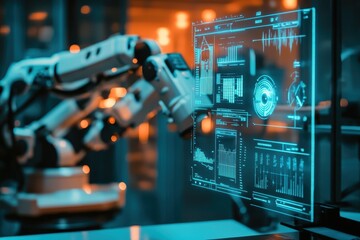 Poster - Exploring the intersection of robotics and technology within a dynamic digital workspace in the early evening. Generative AI