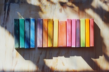 Poster - Colorful chalk pieces arranged in a vibrant spectrum casting playful shadows on a rustic surface. Generative AI