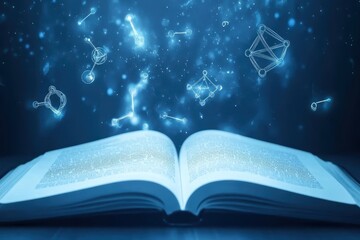 Poster - Exploring the universe of knowledge through an open book surrounded by floating scientific symbols and cosmic elements. Generative AI