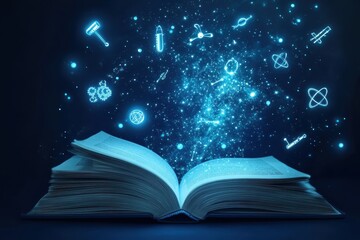Poster - Magic of knowledge unfolds as a book opens to a galaxy of ideas and creativity in the night sky. Generative AI