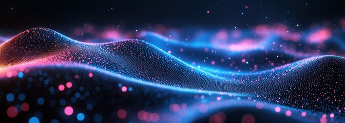 Poster - Abstract colorful wave of glowing particles in motion, digital technology background with vibrant hues, creating a stunning visual experience of light and depth.