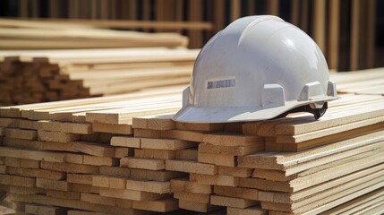 Poster - A safety helmet with a clear visor resting on a stack of lumber planks.
