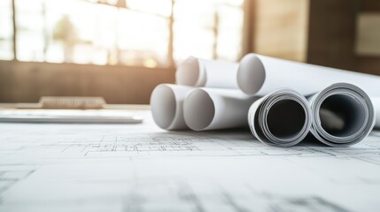 Aufkleber - a stack of architectural blueprints neatly rolled and placed beside a drafting table.