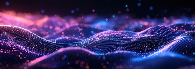 Poster - Abstract digital landscape with flowing waves of light, colorful particles, glowing dots, and shimmering textures in a mesmerizing composition of bright colors