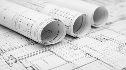 Aufkleber - a stack of architectural blueprints neatly rolled and placed beside a drafting table.