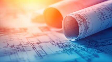 Poster - A stack of architectural blueprints with color-coded annotations and measurements.