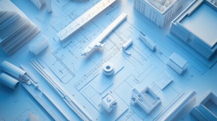 Poster - A top-down view of a workspace with multiple blueprints, rulers, and drafting tools.