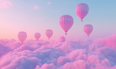  Vibrant hot air balloons floating above a misty valley at sunrise, pastel hues blending beautifully into the clear sky, creating a peaceful morning vibe,