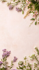 Wall Mural - Light rose pink background with flowers on the borders, vertical banner with copy space and floral frame. Framework for wedding invitation or card, spring design