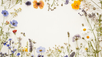 Wall Mural - Light beige background with flowers on the borders, banner with copy space and floral frame. Framework for wedding invitation or card, spring design	