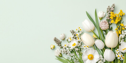 Wall Mural - Light green background with flowers on the borders, banner with copy space and floral frame. Framework for wedding invitation or card, spring design	