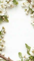 Wall Mural - Light beige background with flowers on the borders, vertical banner with copy space and floral frame. Framework for wedding invitation or card, spring design	